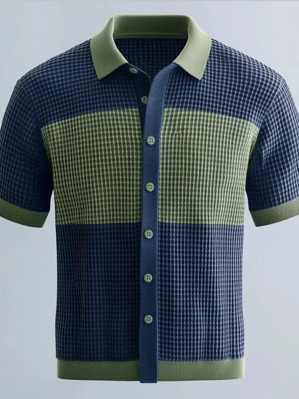 Men's Crochet Knitted Knitted Color Block Button Short Sleeve Shirt - Simplyion.com 