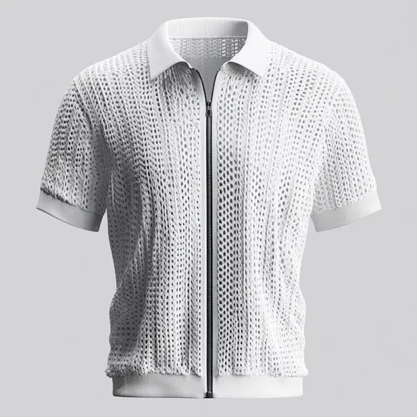 Men's Crochet Knitted Turn Down Collar Short Sleeve Zip Up Hollow Out Knitted Shirt - Rabclub.com 