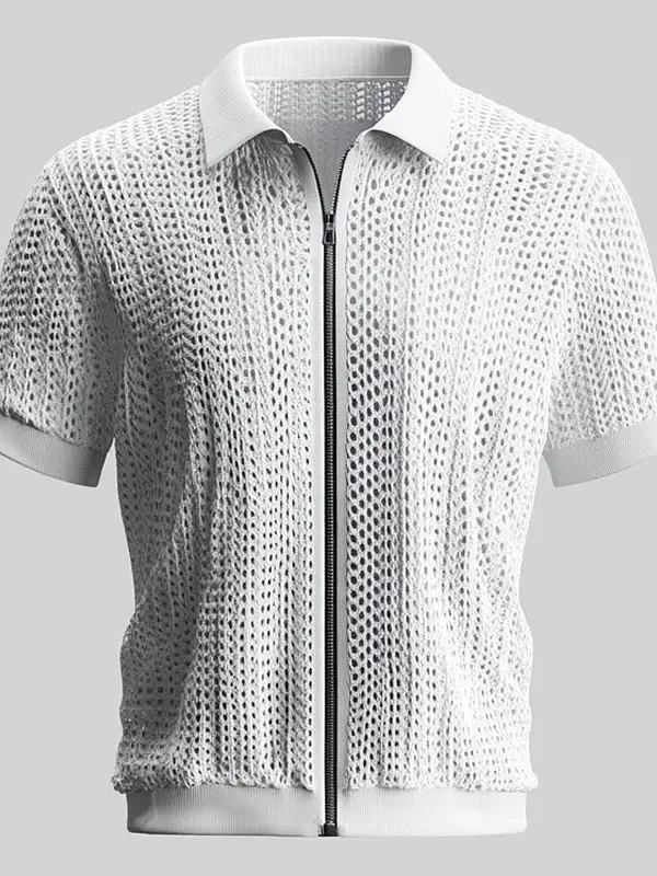 Men's Crochet Knitted Turn Down Collar Short Sleeve Zip Up Hollow Out Knitted Shirt - Menbarn.com 