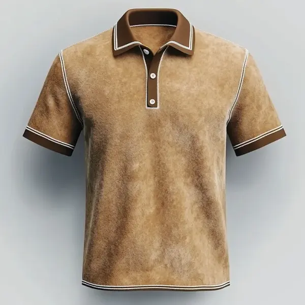 Men's Suede Stripes Patchwork Short Sleeve Half Button Polo Shirt - Anurvogel.com 