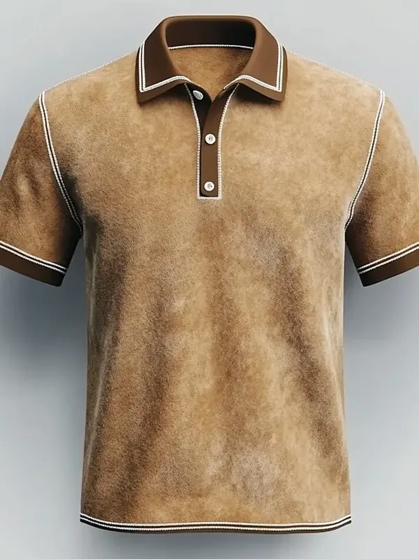 Men's Suede Stripes Patchwork Short Sleeve Half Button Polo Shirt - Simplyion.com 