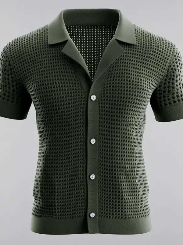 Men's Crochet Knitted Camp Collar Short Sleeve Button Hollow Knitted Shirt - Wantbright.com 