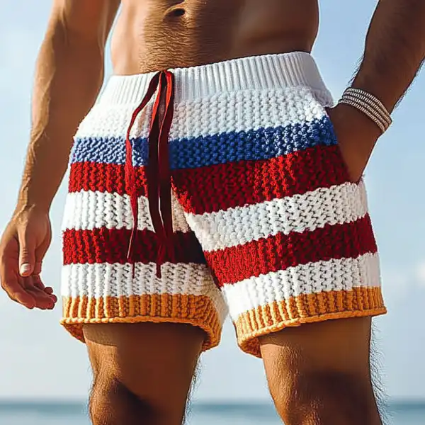 Men's Holiday Crochet Knitted Colorful Striped Casual Beach Shorts - Wayrates.com 
