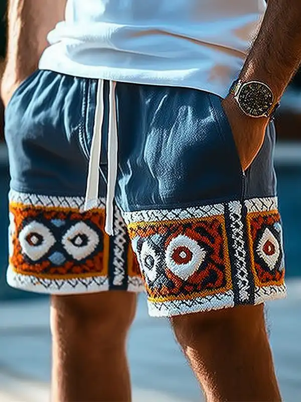 Men's Holiday Cotton And Linen Ethnic Patterns Summer Beach Shorts - Menbarn.com 