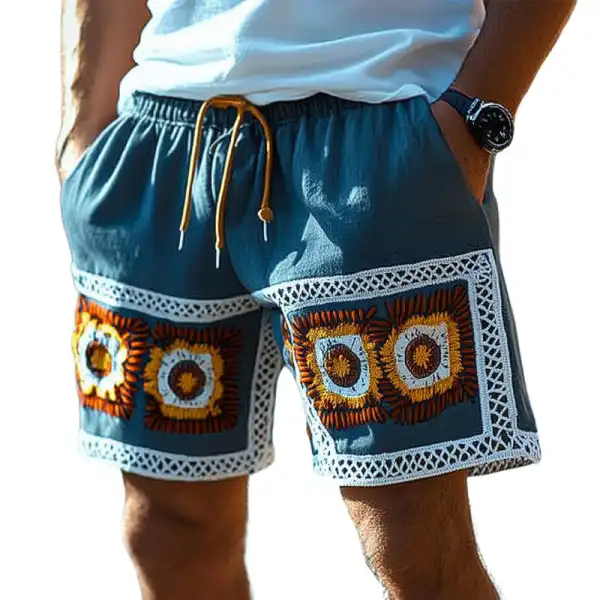 Men's Holiday Crochet Knitted Summer Fashion Embroidered Lace-Up Shorts - Wayrates.com 
