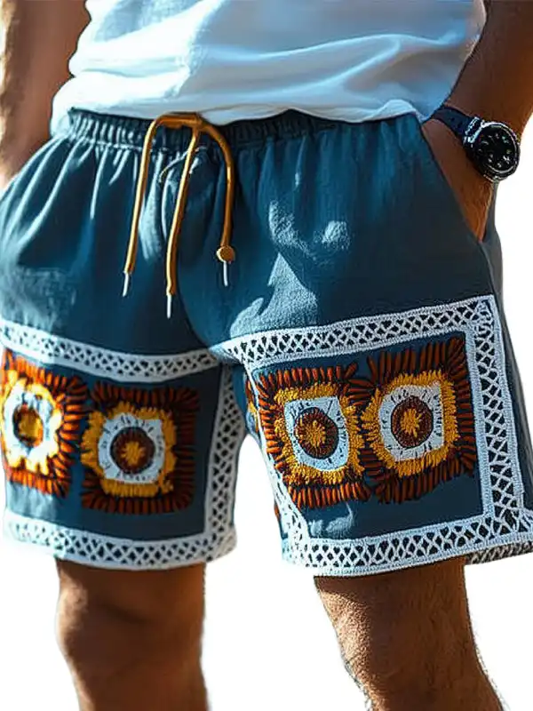 Men's Holiday Crochet Knitted Summer Fashion Embroidered Lace-Up Shorts - Menbarn.com 
