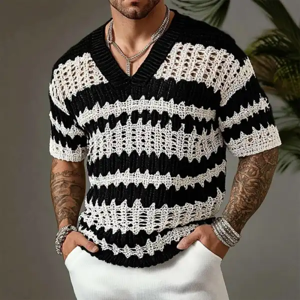 Men's Holiday Crochet Knitted Contrast Color V-Neck Short Sleeve Sweater T-Shirt - Bustalent.com 