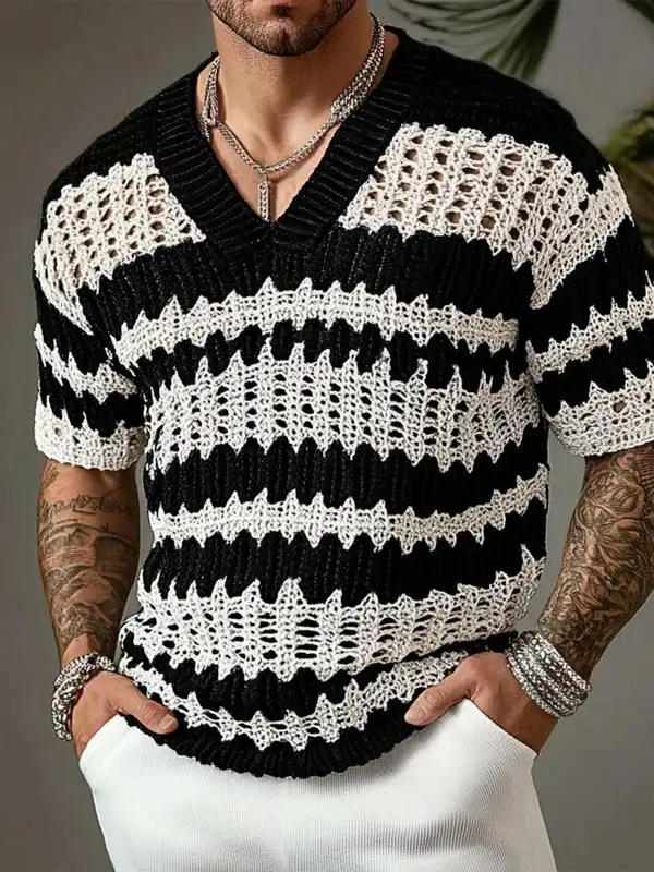 Men's Holiday Crochet Knitted Contrast Color V-Neck Short Sleeve Sweater T-Shirt - Menbarn.com 