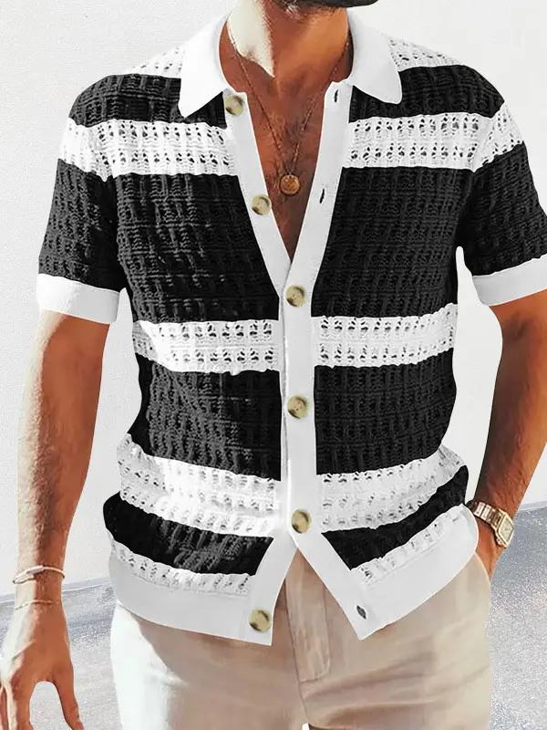 Men's Holiday Crochet Knitted Summer Color Block Hollow Out Lapel Short Sleeve Knitted Shirts - Menbarn.com 