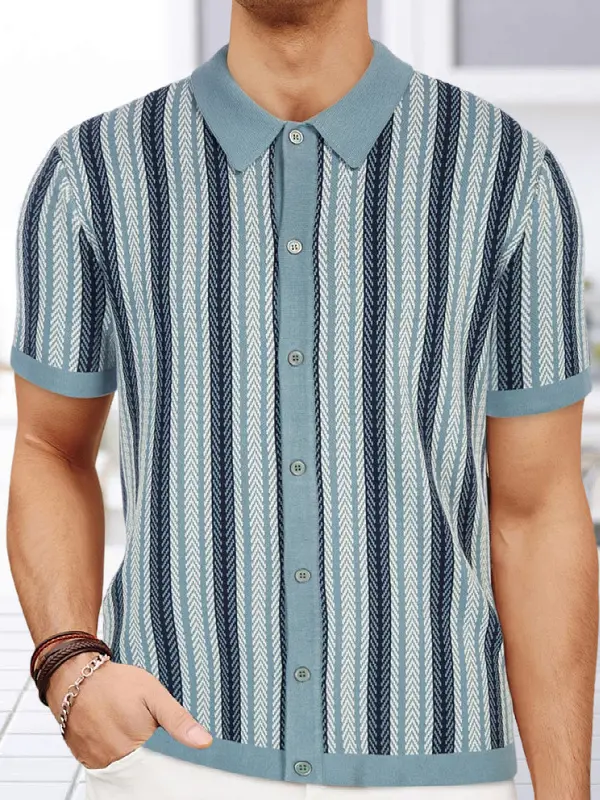 Men's Summer New Striped Jacquard Knitted Polo Shirt - Menbarn.com 