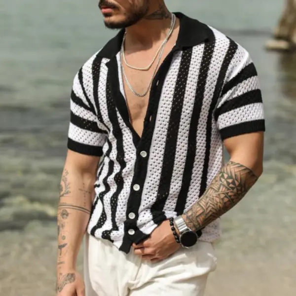 Men's Casual Loose Hollow Striped Cardigan Polo Shirt Short Sleeved T-shirt - Bustalent.com 
