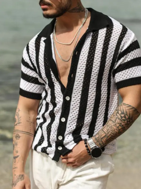 Men's Casual Loose Hollow Striped Cardigan Polo Shirt Short Sleeved T-shirt - Menbarn.com 