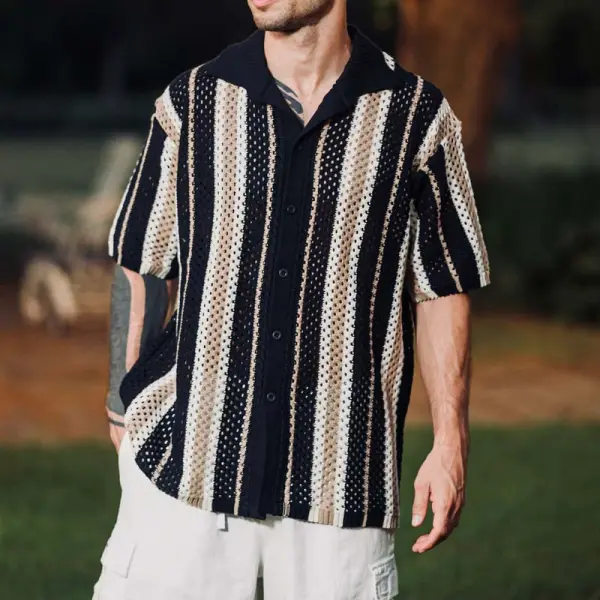 Men's Hollow Striped Cardigan Casual Loose Polo Shirt Short Sleeved T-shirt - Villagenice.com 