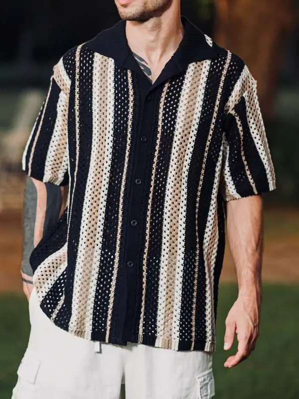 Men's Hollow Striped Cardigan Casual Loose Polo Shirt Short Sleeved T-shirt - Menbarn.com 