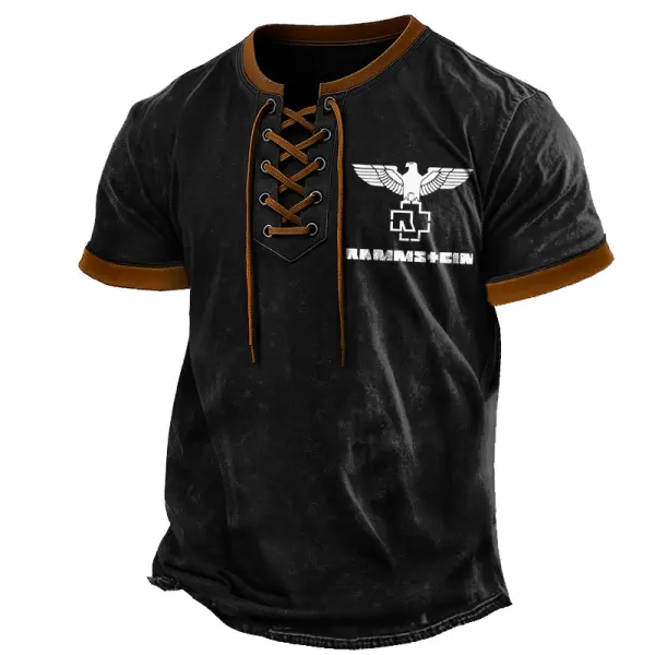 Men's Vintage Eagle Rock Logo Print Lace-UpT-Shirt - Rabclub.com 