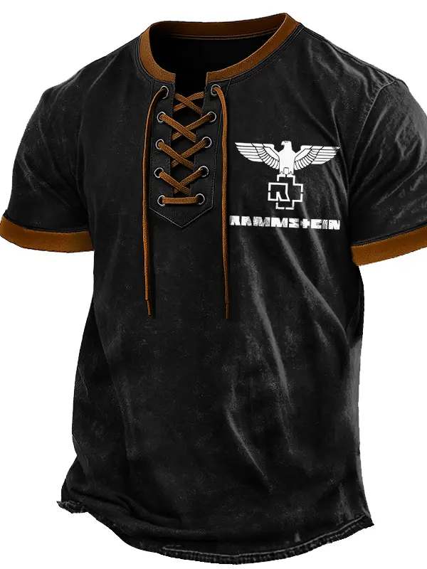 Men's Vintage Eagle Rock Logo Print Lace-UpT-Shirt - Simplyion.com 