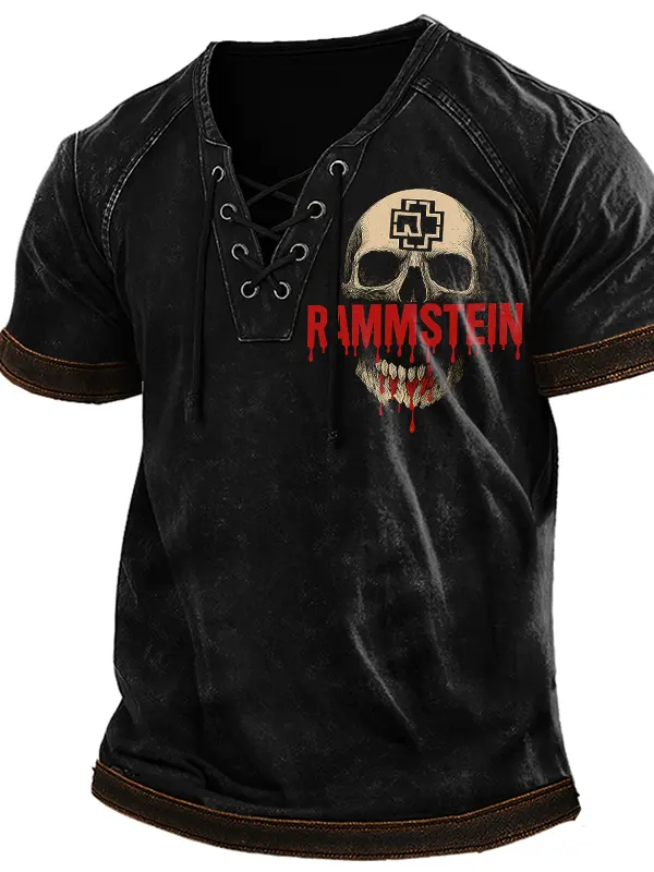 Men's Vintage Distressed Rock Logo Print Color Block Lace Up V Neck T Shirt - Simplyion.com 