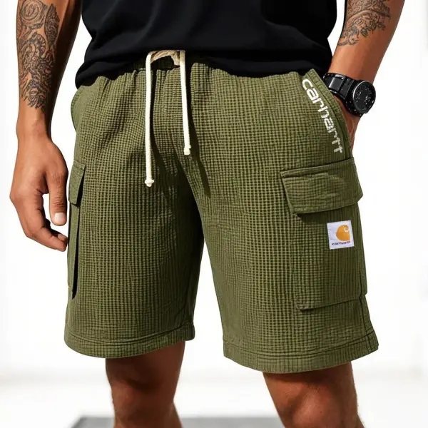 Men's Vintage Waffle Knit Multi-Pocket Army Green Summer Beach Casual Surf Shorts - Rabclub.com 