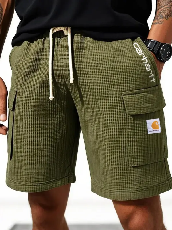 Men's Vintage Waffle Knit Multi-Pocket Army Green Summer Beach Casual Surf Shorts - Pragmaace.com 