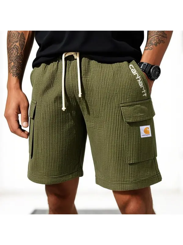 Men's Vintage Waffle Knit Multi-Pocket Army Green Summer Beach Casual Surf Shorts - Shopyiyistories.com 