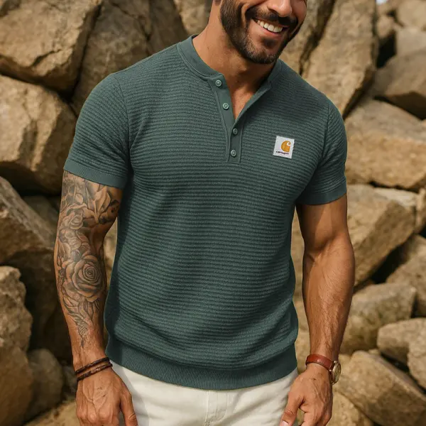 Men's Retro Waffle Henley Short Sleeve T-shirt - Menzfolk.com 