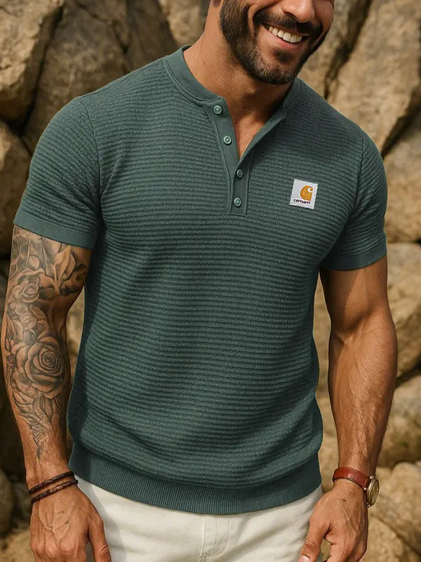 Men's Retro Waffle Henley Short Sleeve T-shirt - Menbarn.com 