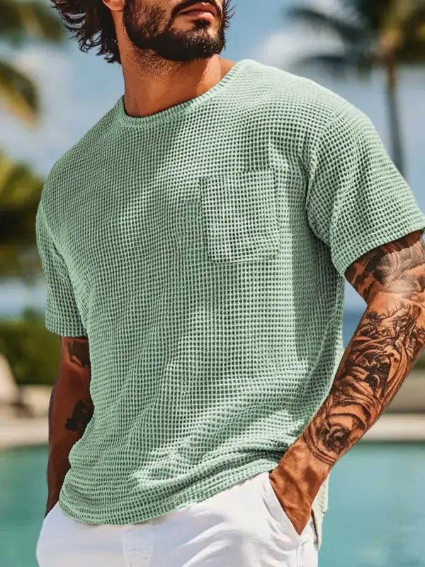 Men's Vintage Waffle Knit Patch Pocket Short Sleeve Crew Neck T-Shirt - Menbarn.com 