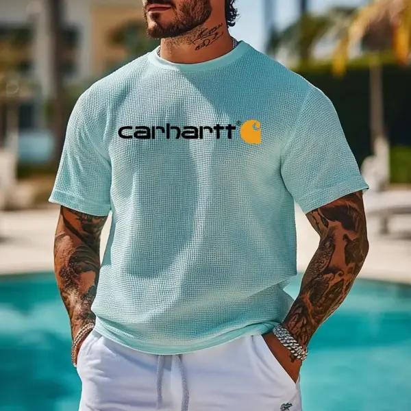 Men's Vintage Waffle Knit Short Sleeve Crew Neck T-Shirt - Yesunshine.com 