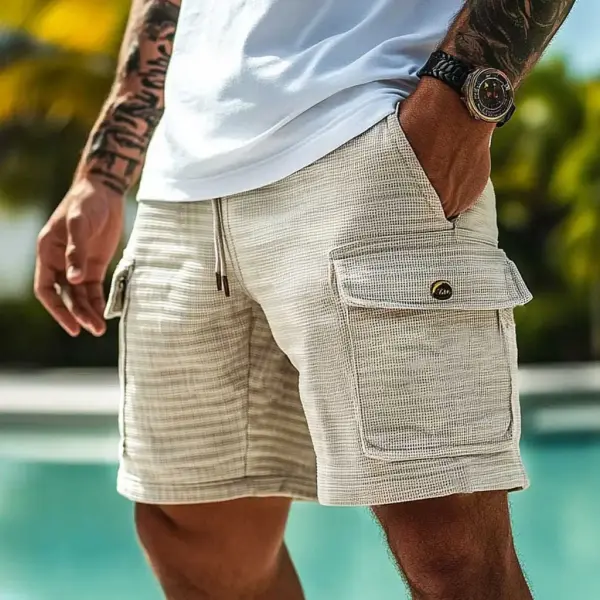 Men's Vintage Waffle Knit Multi-Pocket Surf Elastic Drawstring Cargo Shorts - Wayrates.com 