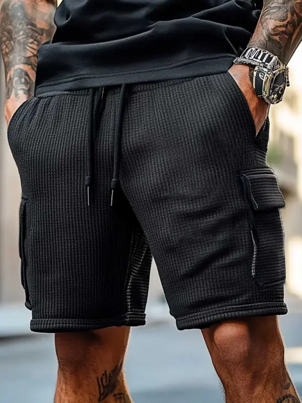 Men's Vintage Waffle Knit Surf Multi-Pocket Casual Walkshort Workwear Elastic Cargo Shorts - Menbarn.com 