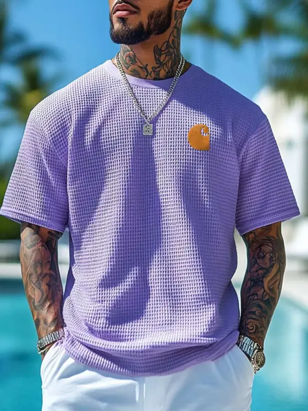 Men's Vintage Waffle Knit Surf Embroidery Short Sleeve Crew Neck T-Shirt - Menbarn.com 
