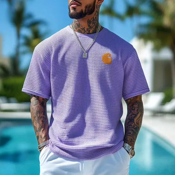 Men's Vintage Waffle Knit Surf Embroidery Short Sleeve Crew Neck T-Shirt - Spiretime.com 