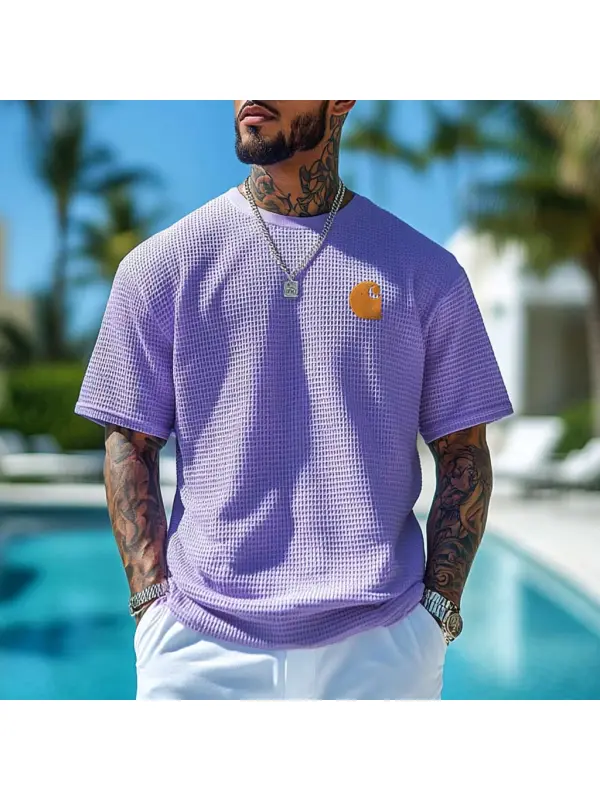 Men's Vintage Waffle Knit Surf Embroidery Short Sleeve Crew Neck T-Shirt - Ootdmw.com 
