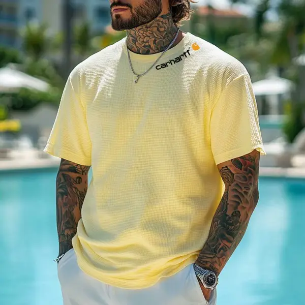 Men's Vintage Waffle Knit Surf Light Yellow Short Sleeve Crew Neck T-Shirt - Yesunshine.com 