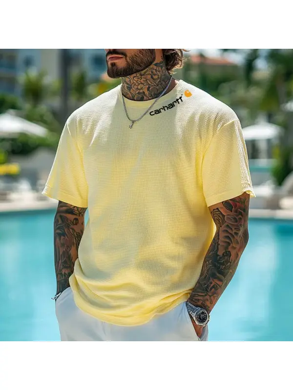 Men's Vintage Waffle Knit Surf Light Yellow Short Sleeve Crew Neck T-Shirt - Aptkoi.com 