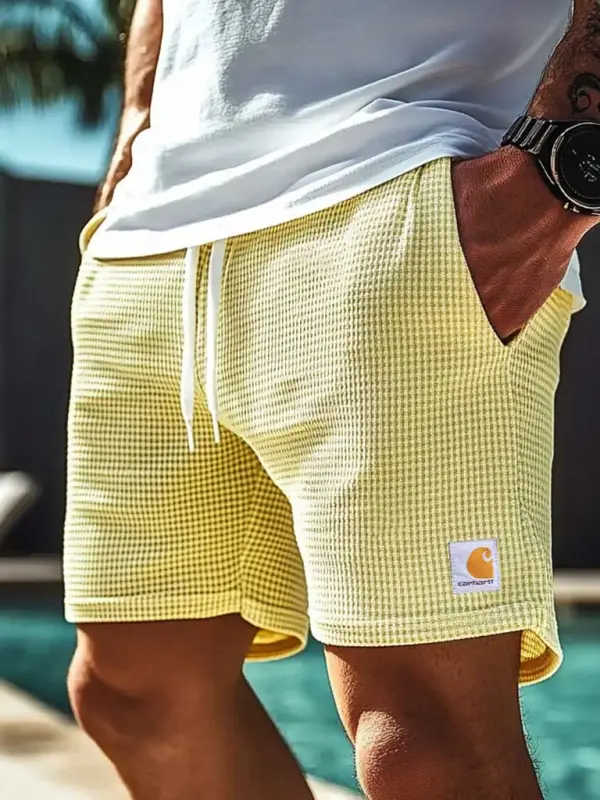 Carhartt Men's Vintage Waffle Knit Surf Elastic Drawstring Light Yellow Shorts Walkshort - Menbarn.com 
