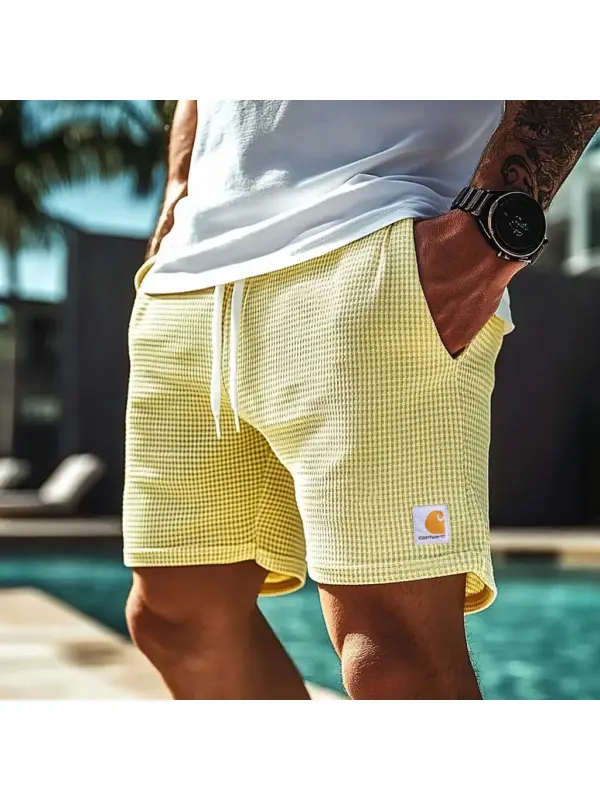 Men's Vintage Waffle Knit Light Yellow Surf Elastic Drawstring Walkshort Shorts - Aptkoi.com 
