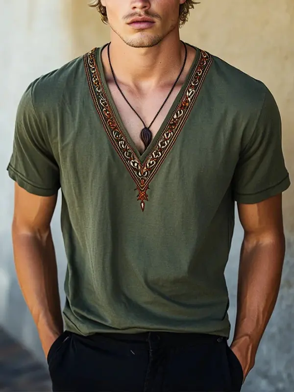 Army Green Stylish Embroidered V-Neck T-Shirt For Men - Menbarn.com 