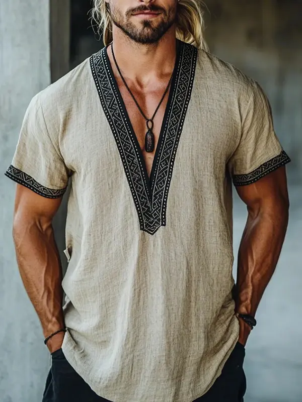 Stylish Embroidered V-Neck T-Shirt For Men - Wantbright.com 