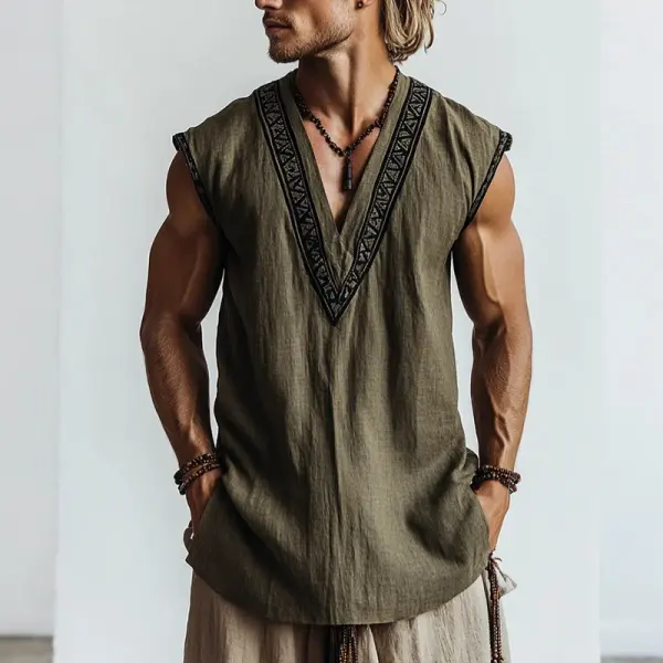 Stylish Sleeveless V-Neck Top With Embroidered Trim For Men - Rabclub.com 