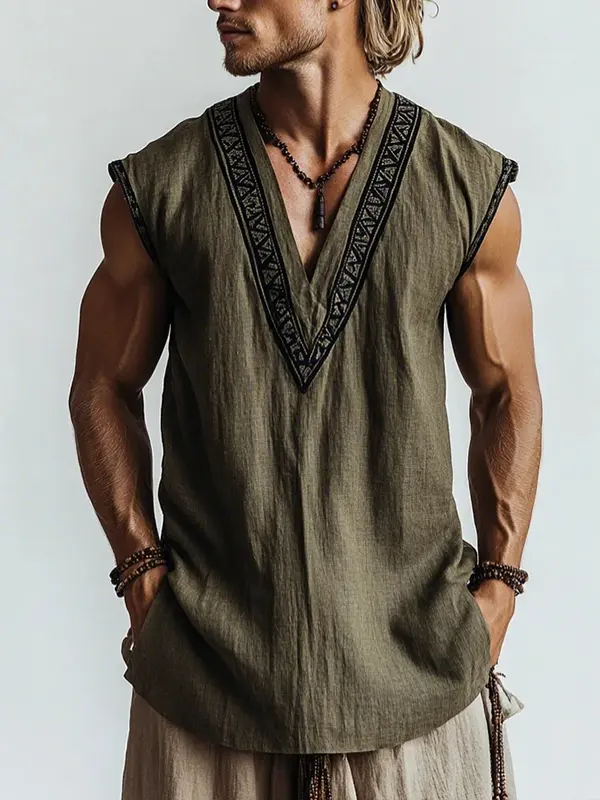 Stylish Sleeveless V-Neck Top With Embroidered Trim For Men - Simplyion.com 