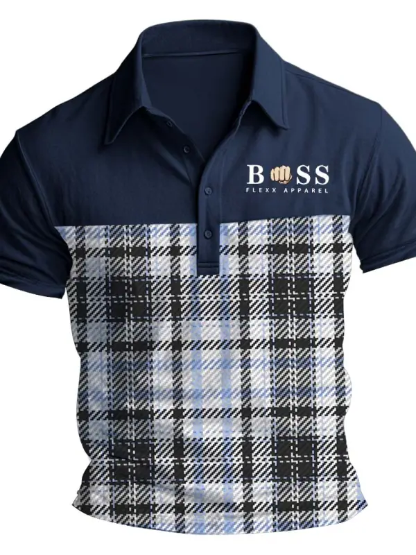Men's Vintage Plaid Polo Collar Navy Blue Color Block Short Sleeve T-shirt - Menbarn.com 