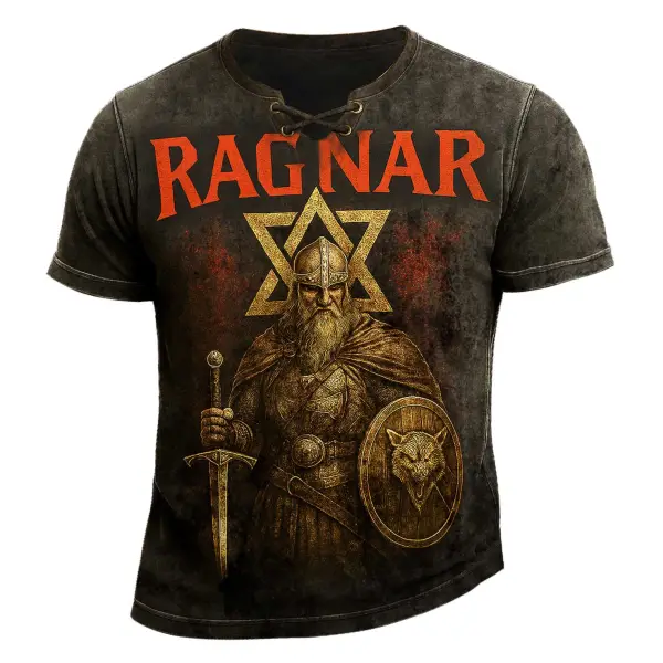 Men's Vintage Ragnar Viking Warrior Distressed Lace-up T-Shirt - Elementnice.com 