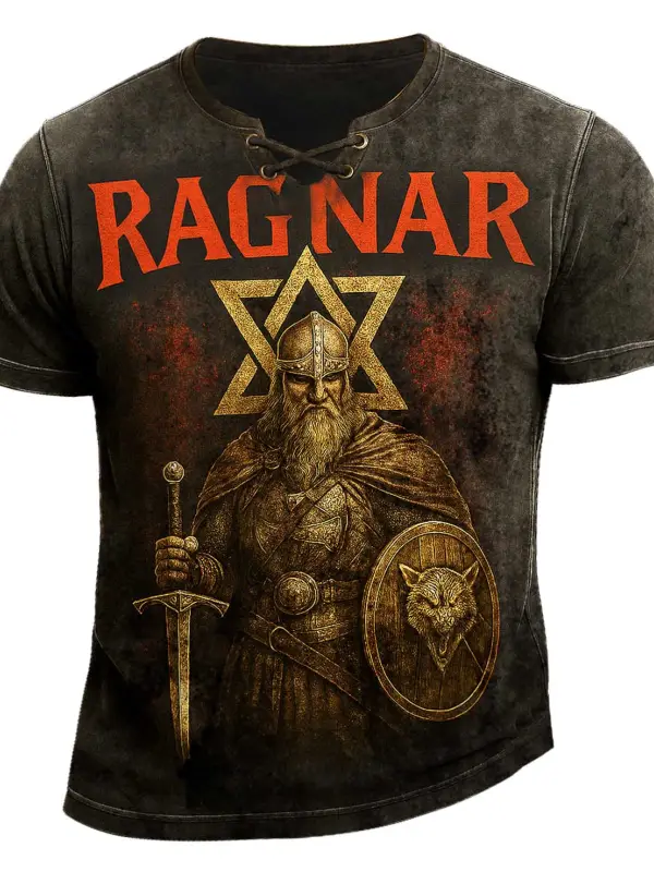 Men's Vintage Ragnar Viking Warrior Distressed Lace-up T-Shirt - Wantbright.com 