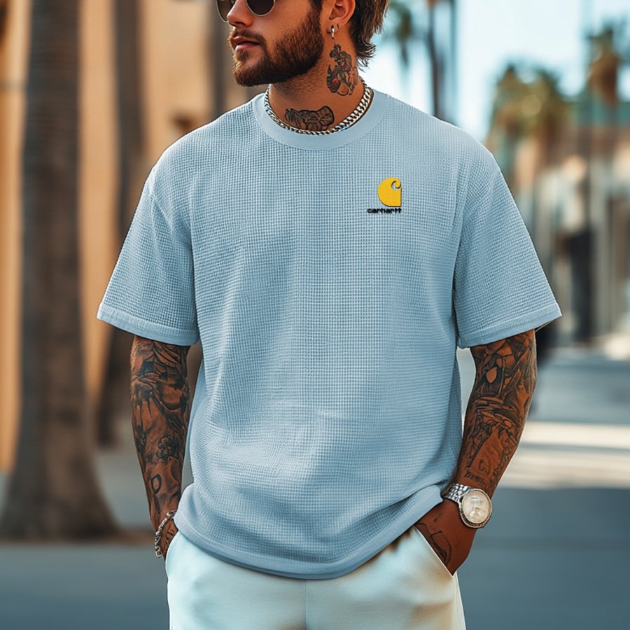 

Unisex Vintage Waffle Knit Embroidery Sky Blue Surf T-Shirt - Perfect For Summer Outdoors