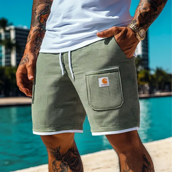 Men's Vintage Army Green Waffle Fabric Patchwork Knit Pockets Surf Elastic Drawstring Shorts - Albionstyle.com 