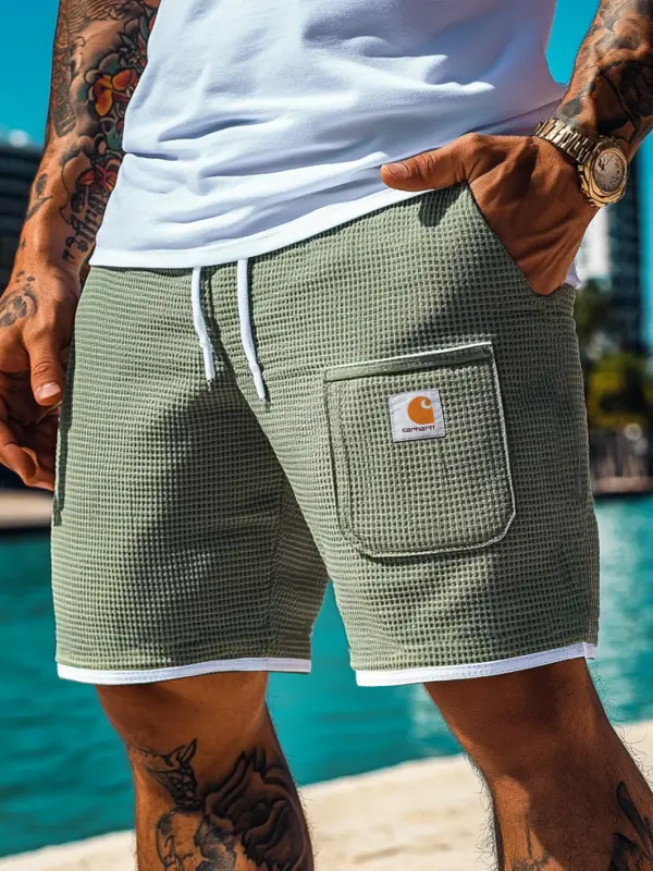 Carhartt Men's Surf Army Green Waffle Fabric Patchwork Knit Pockets Elastic Drawstring Shorts - Menbarn.com 