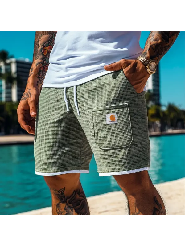 Men's Vintage Army Green Waffle Fabric Patchwork Knit Pockets Surf Elastic Drawstring Shorts - Aptkoi.com 