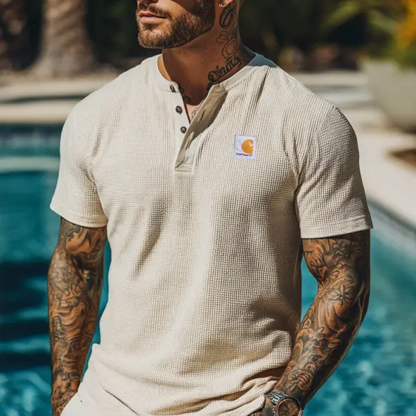 Men's Vintage Waffle Knit Surf Beige Short Sleeve Henley T-Shirt - Yesunshine.com 