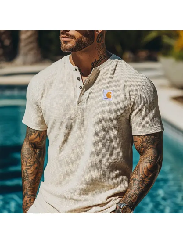 Men's Vintage Waffle Knit Surf Beige Short Sleeve Henley T-Shirt - Aptkoi.com 